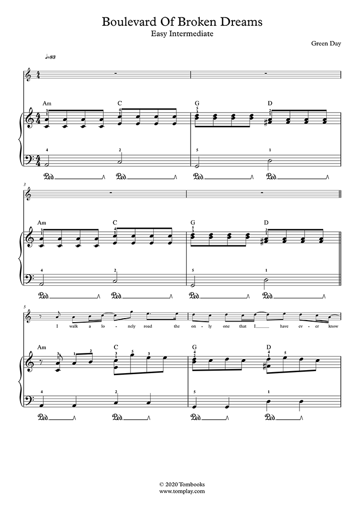 Piano Sheet Music Boulevard of Broken Dreams (Easy/Intermediate Level