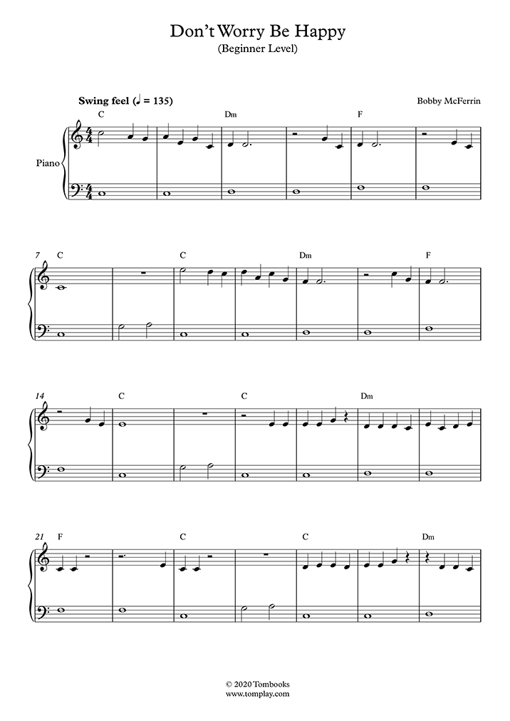 Piano Sheet Music Don't Worry Be Happy (Beginner Level, with Orchestra) (McFerrin Bobby)
