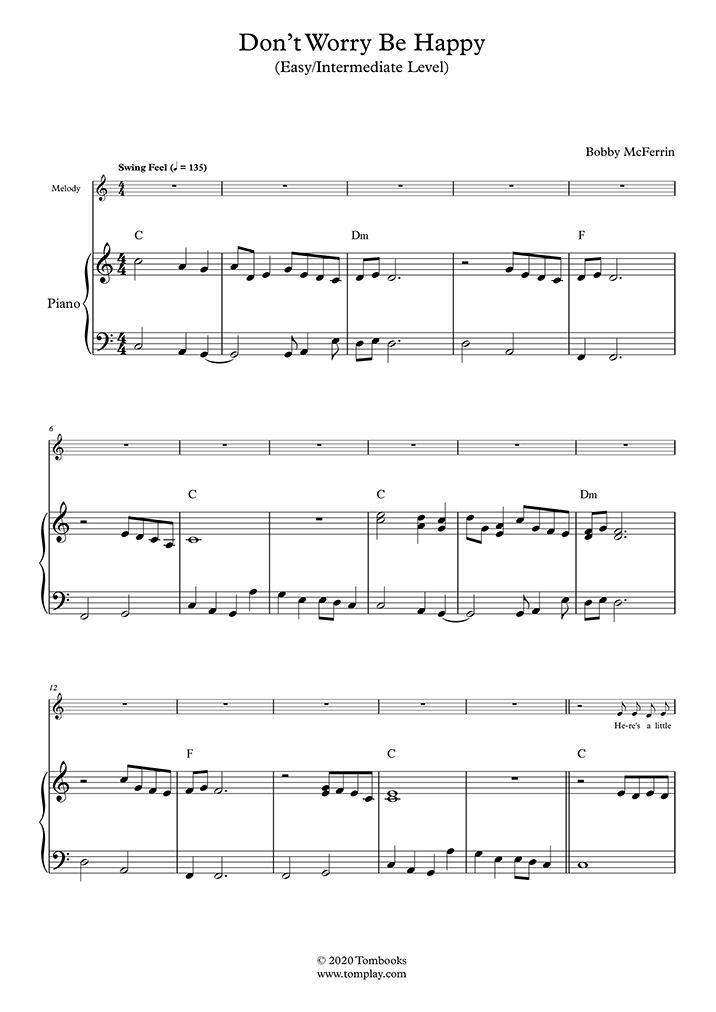 Piano Sheet Music Don't Worry Be Happy (Easy/Intermediate Level, with Orchestra) (McFerrin Bobby)