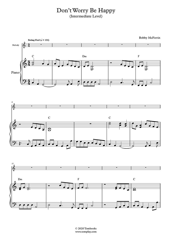 Piano Sheet Music Don't Worry Be Happy (Intermediate Level, Solo Piano) (McFerrin Bobby)