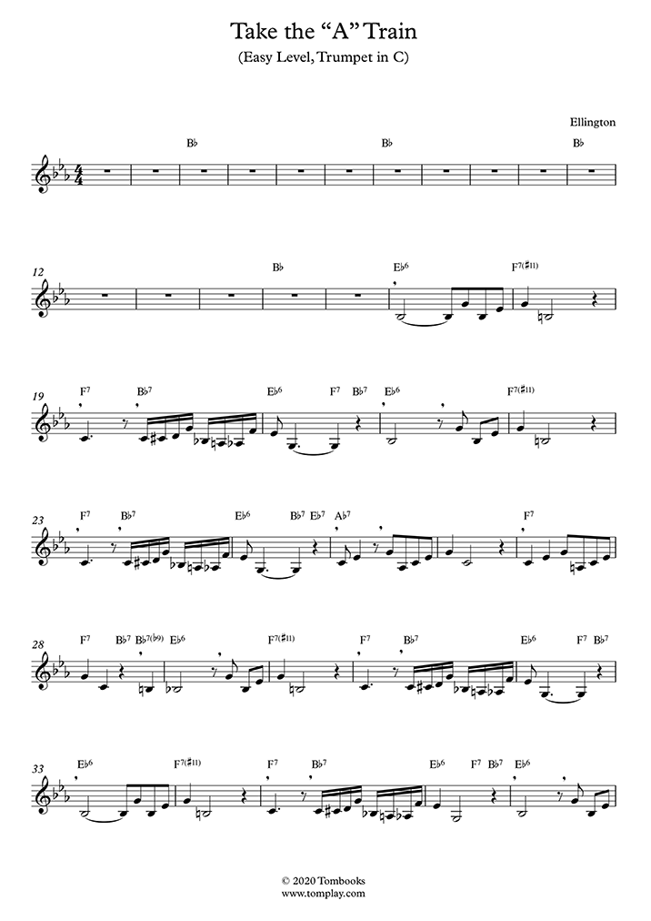 Trumpet Sheet Music Take The A Train Easy Level Trumpet In C Ellington