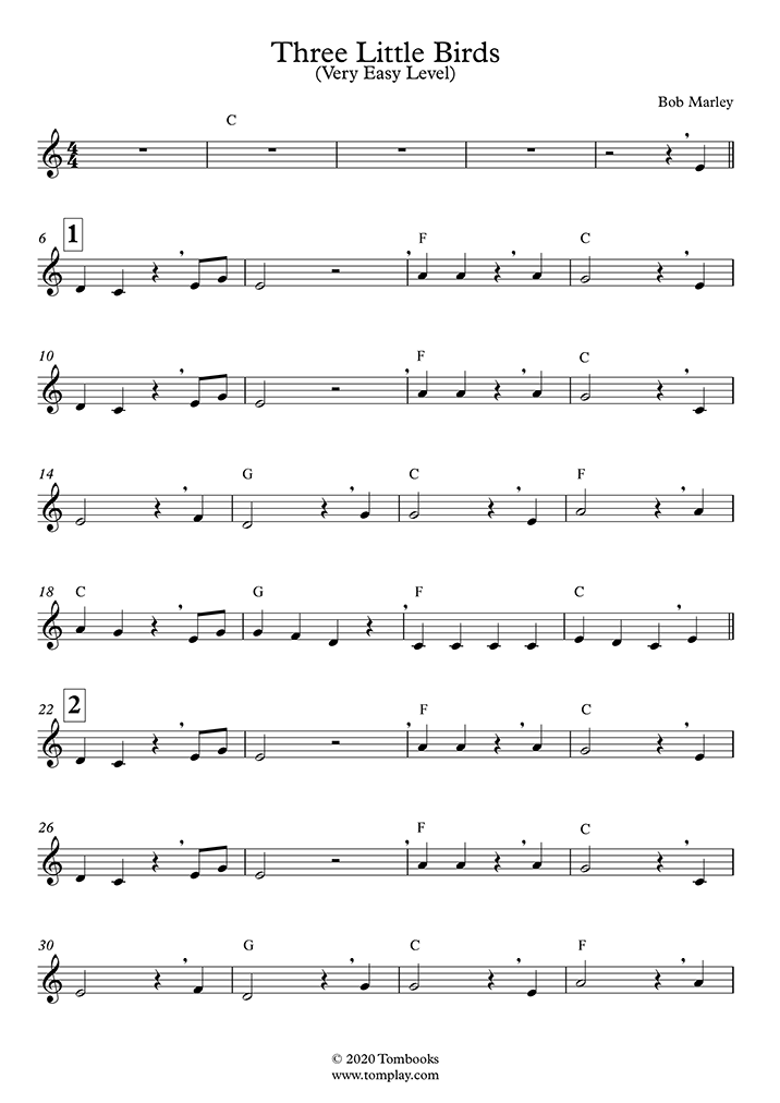 Clarinet Sheet Music Three Little Birds (Very Easy Level) (Bob Marley)