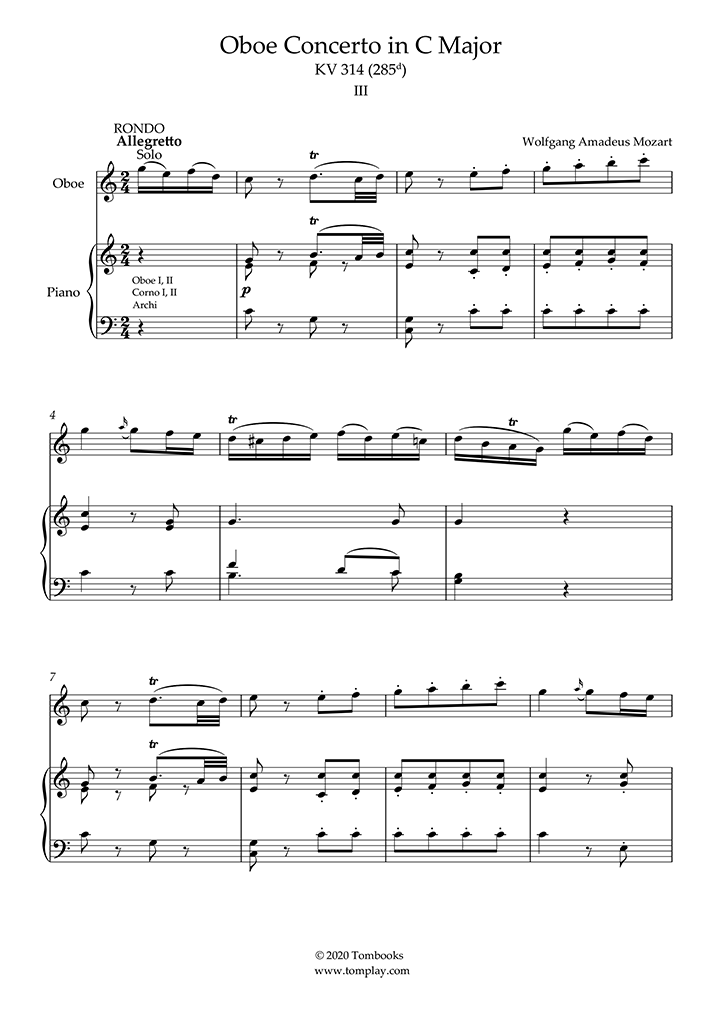 オーボエ 楽譜 オーボエ協奏曲 ハ長調 K. 314〜第3楽章：ロンド、アレグレット (モーツァルト)