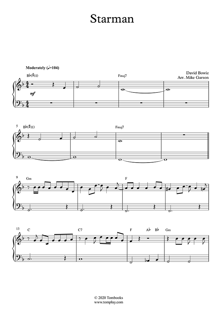 Piano Sheet Music Starman Easy Level With Orchestra Bowie David