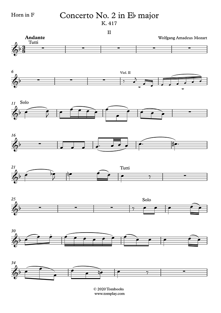 French horn Sheet Music Horn Concerto No. 2 in Eflat Major, K.417 II
